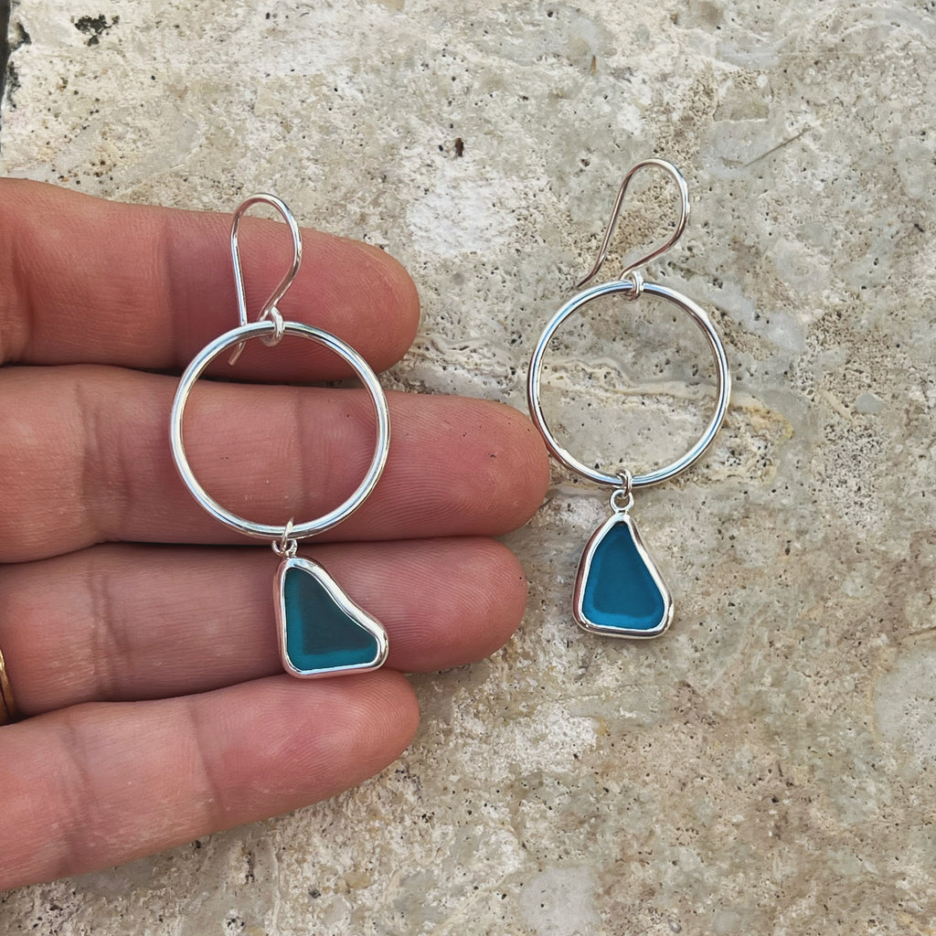 Blue Sea Glass Hoop Earrings