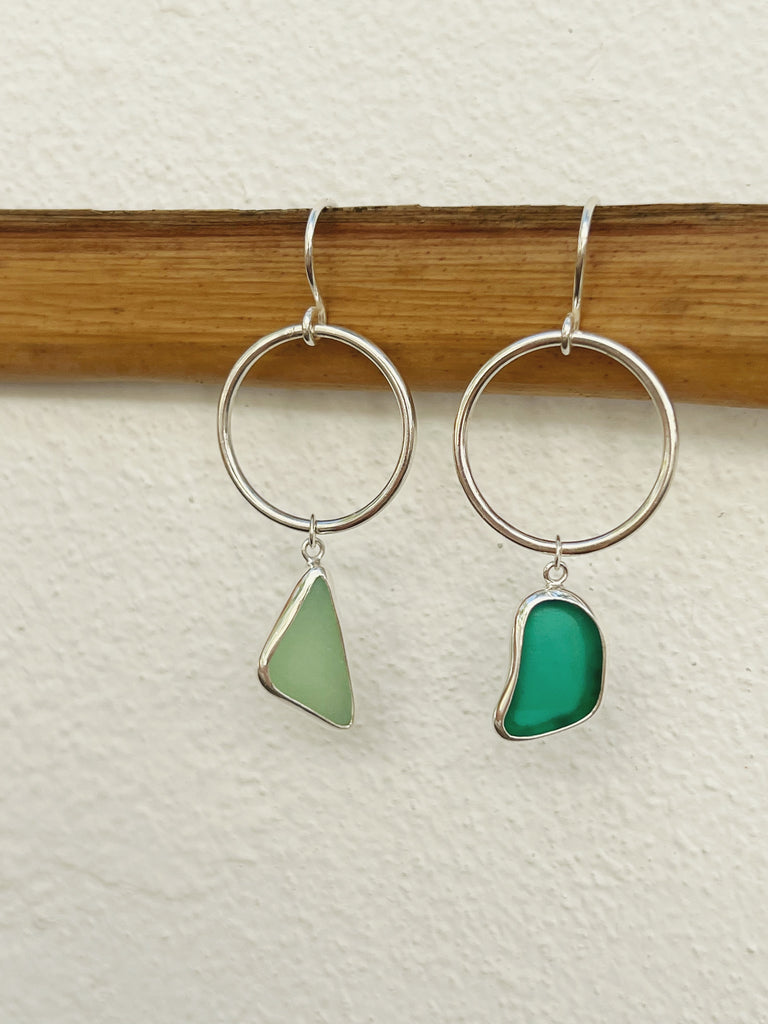 Mix Match Green Sea Glass Hoop Earrings