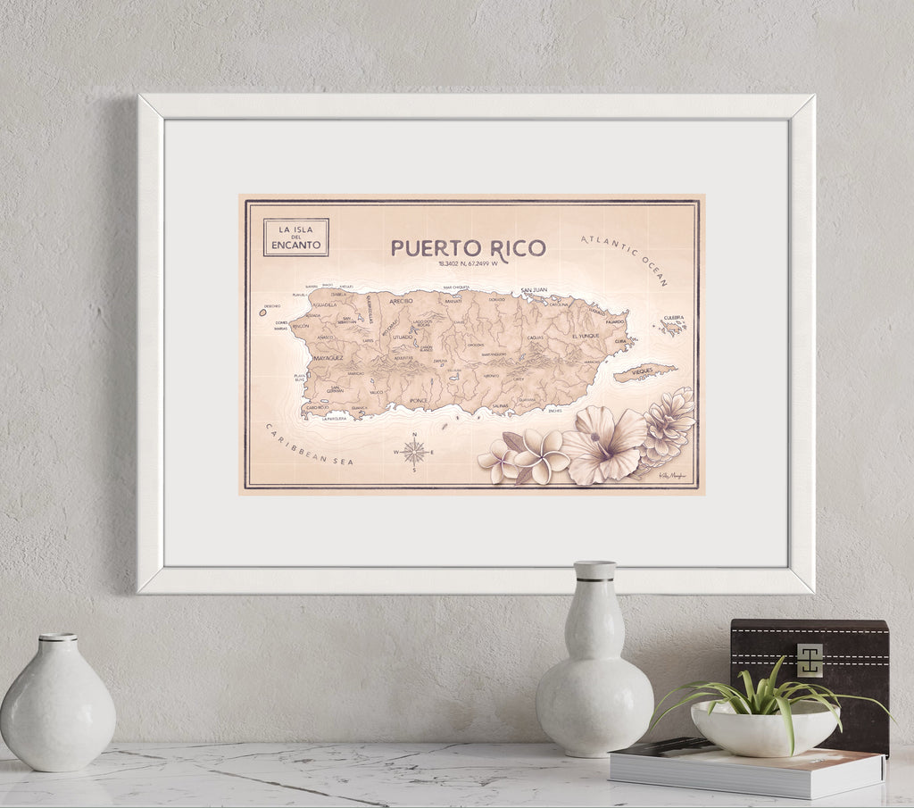 Puerto Rico Map Large - Antique Pink