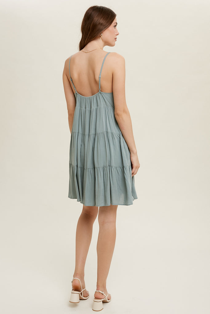 TIERED MINI DRESS WITH FRONT SELF TIE DETAIL