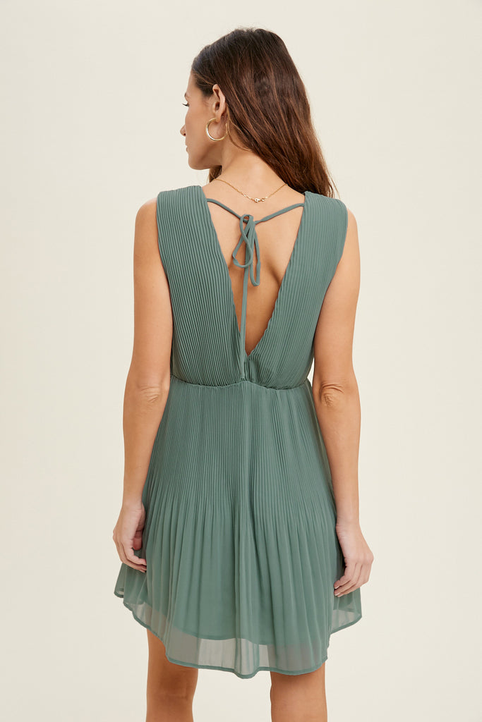 PLEATED MINI DRESS WITH SELF BACK TIE DETAIL GREEN