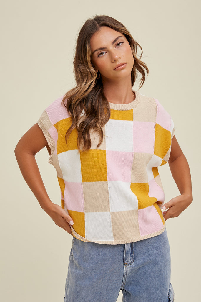 MULTI-COLOR CHECKERED SWEATER Taupe/Rose