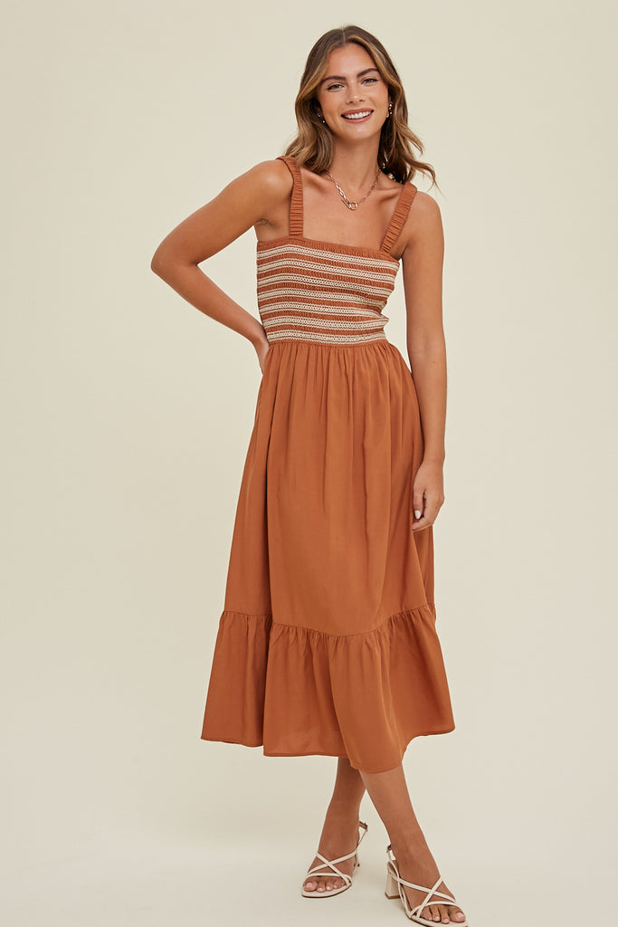 EMBROIDERED MIDI DRESS WITH RUCHED STRAPS CINNAMON