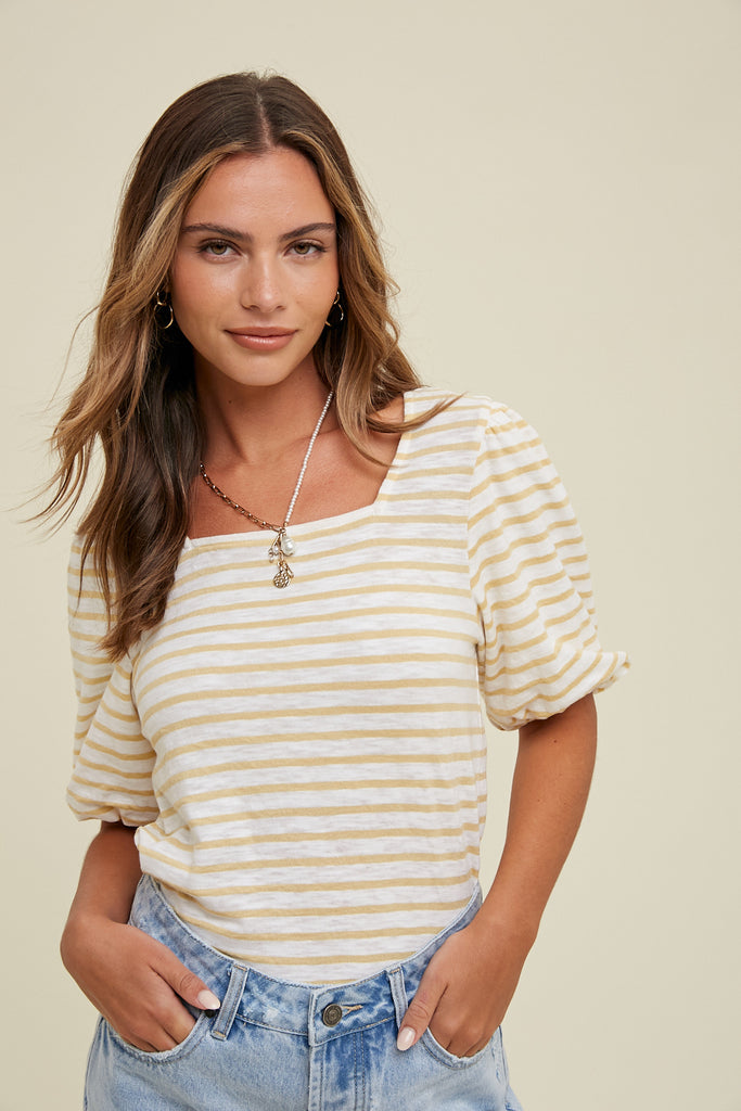 STRIPED PUFF SLEEVE KNIT TOP IVORY/YELLOW