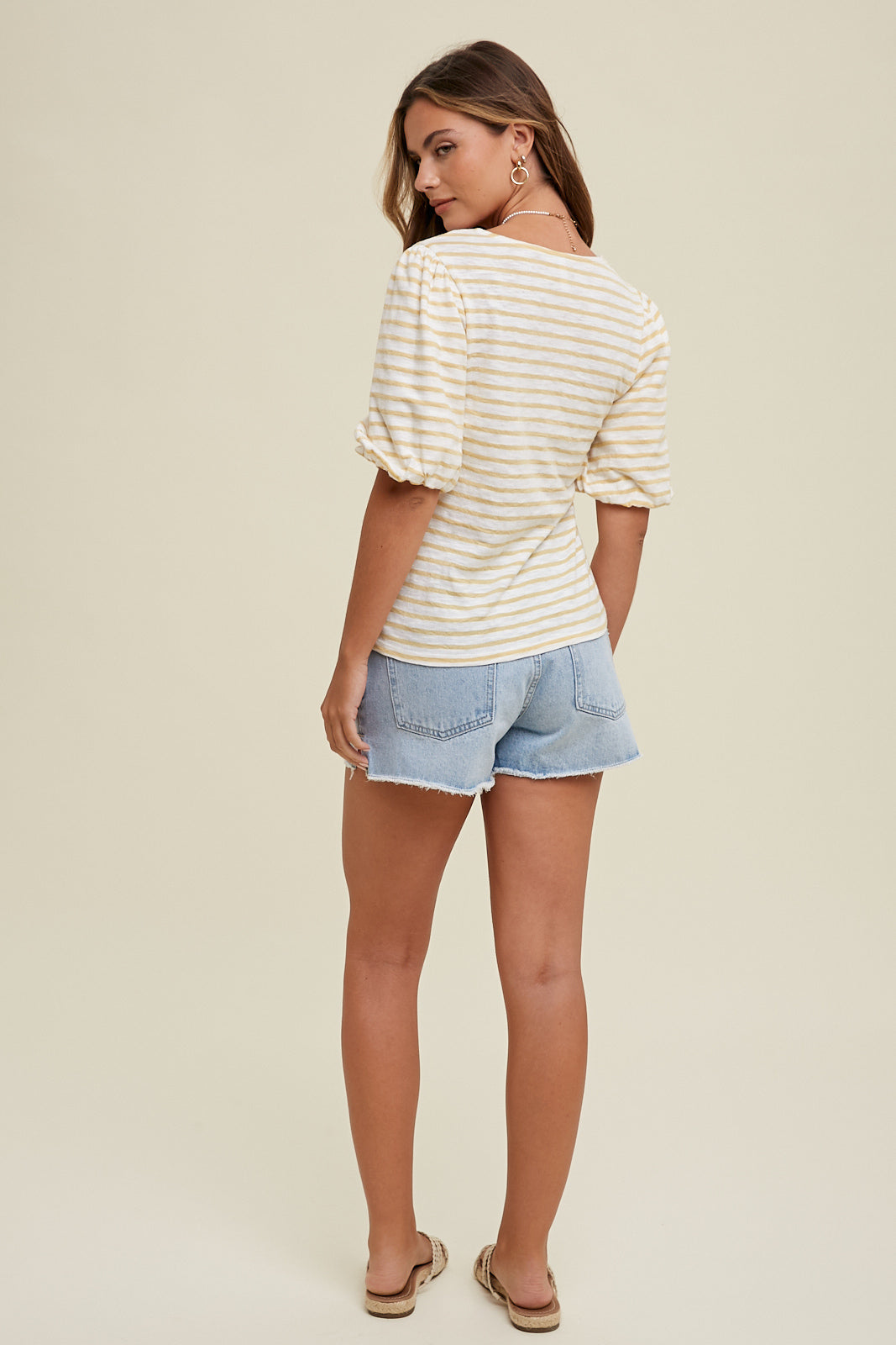 STRIPED PUFF SLEEVE KNIT TOP IVORY/YELLOW