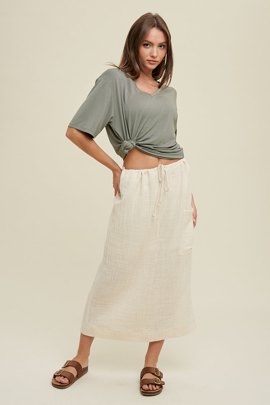 BRAIDED DRAWSTRING LINEN MIDI SKIRT NATURAL