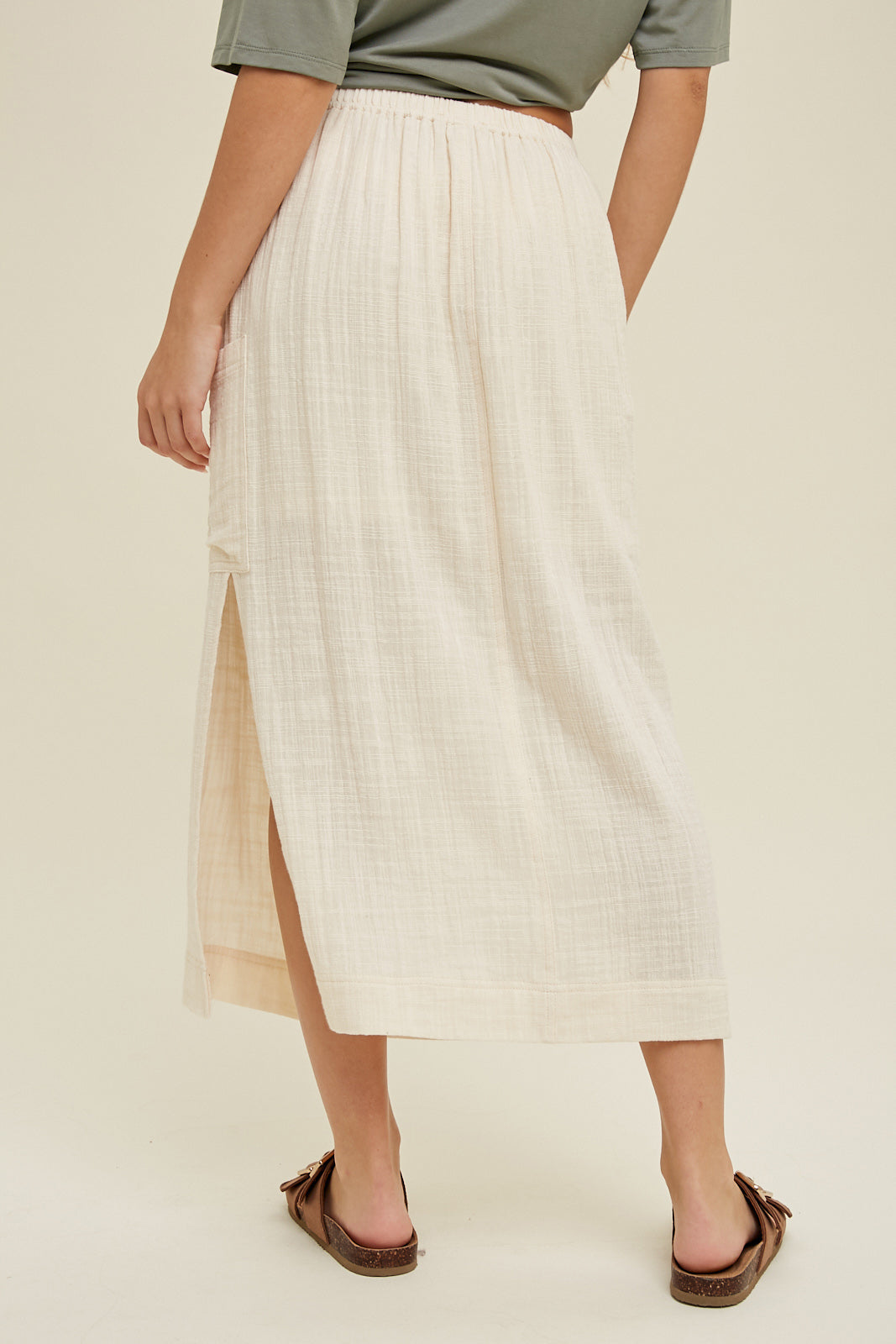 BRAIDED DRAWSTRING LINEN MIDI SKIRT NATURAL