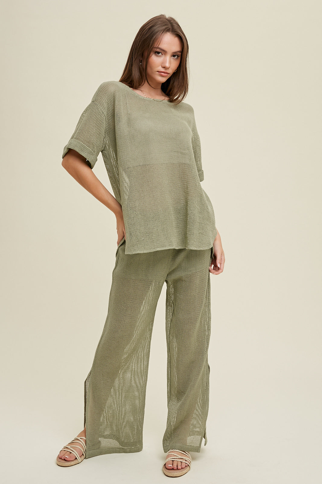 COTTON SHEER MESH TOP AND PANTS SAGE