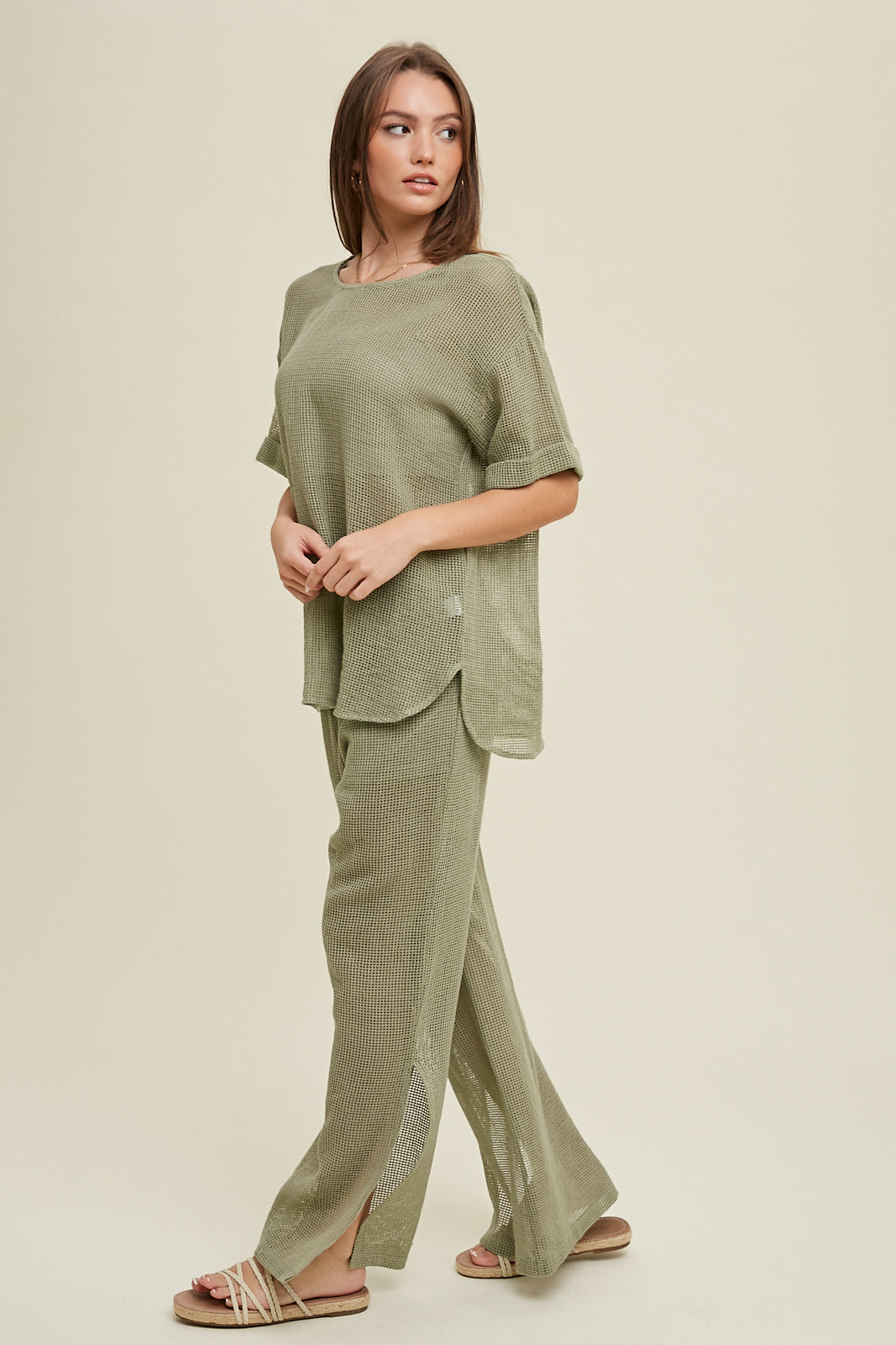 COTTON SHEER MESH TOP AND PANTS SAGE