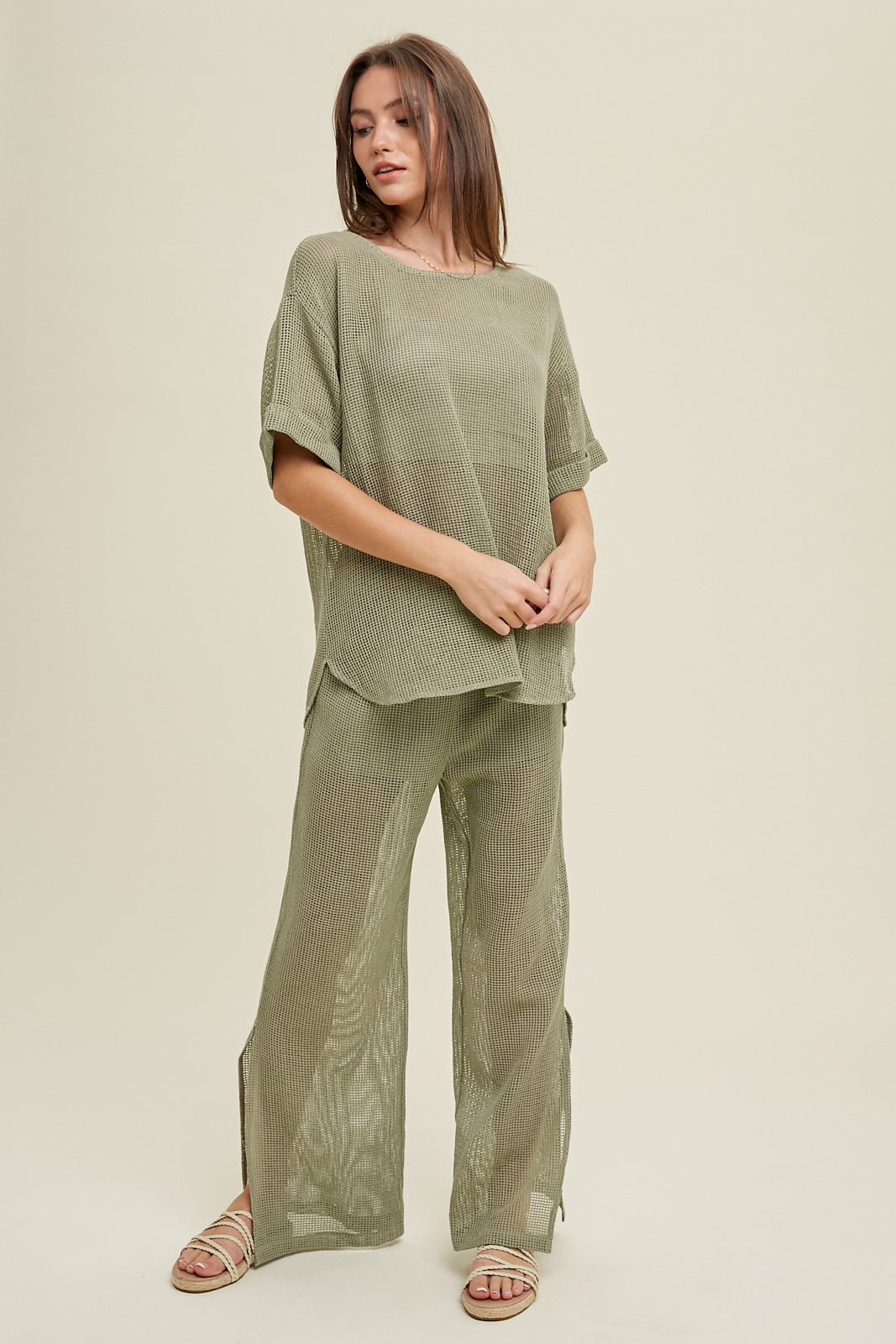 COTTON SHEER MESH TOP AND PANTS SAGE