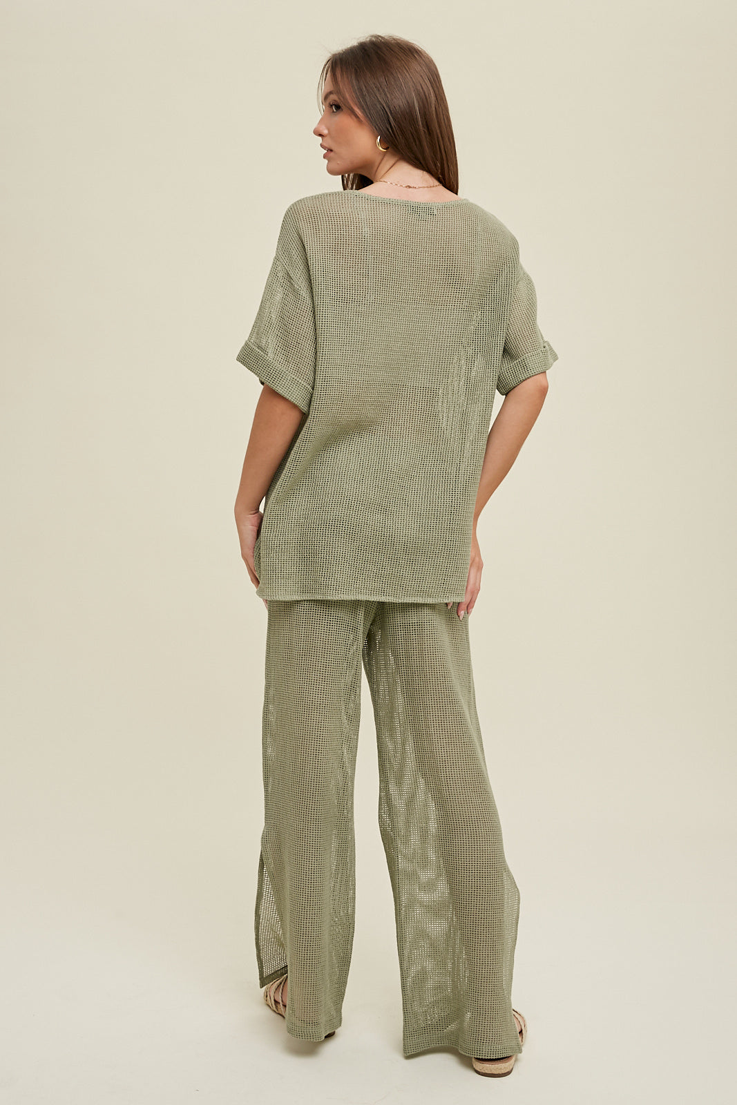 COTTON SHEER MESH TOP AND PANTS SAGE