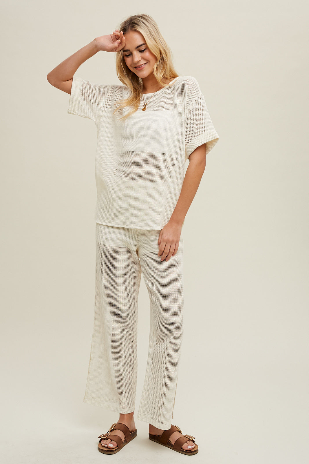 COTTON SHEER MESH TOP AND PANTS CREAM