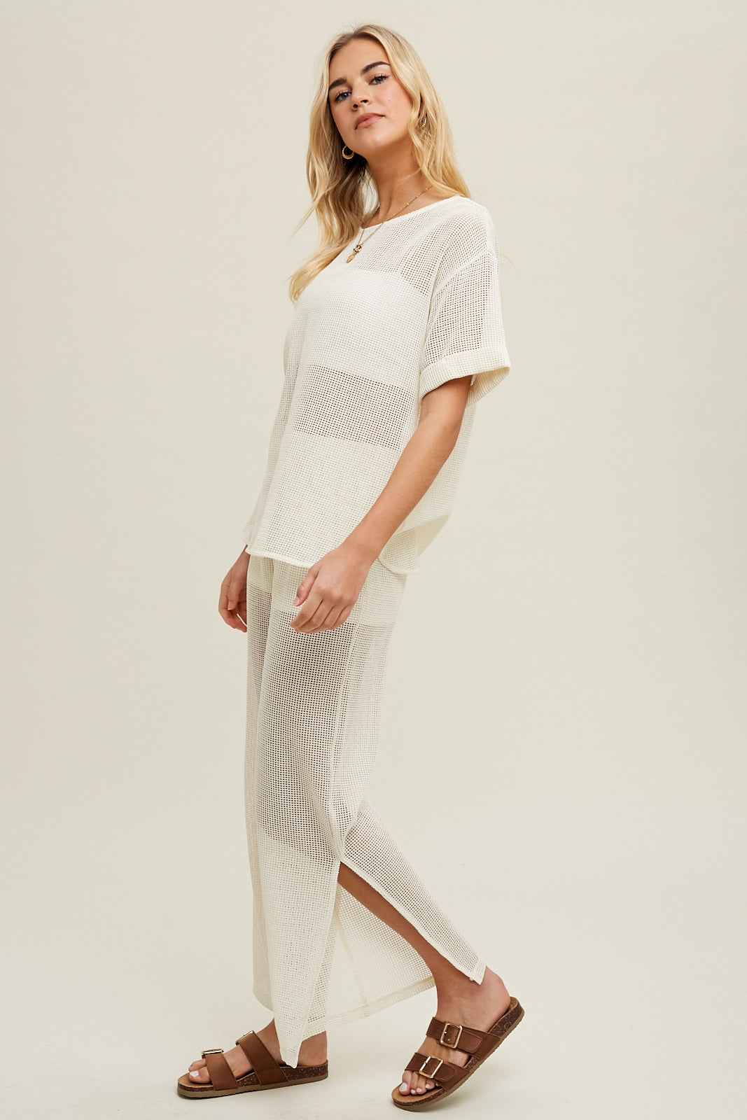 COTTON SHEER MESH TOP AND PANTS CREAM