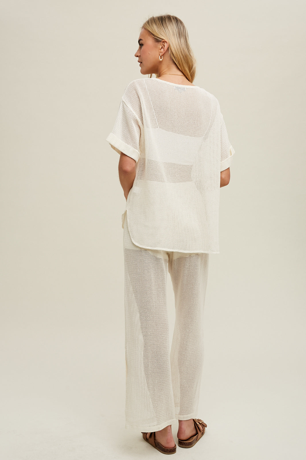 COTTON SHEER MESH TOP AND PANTS CREAM