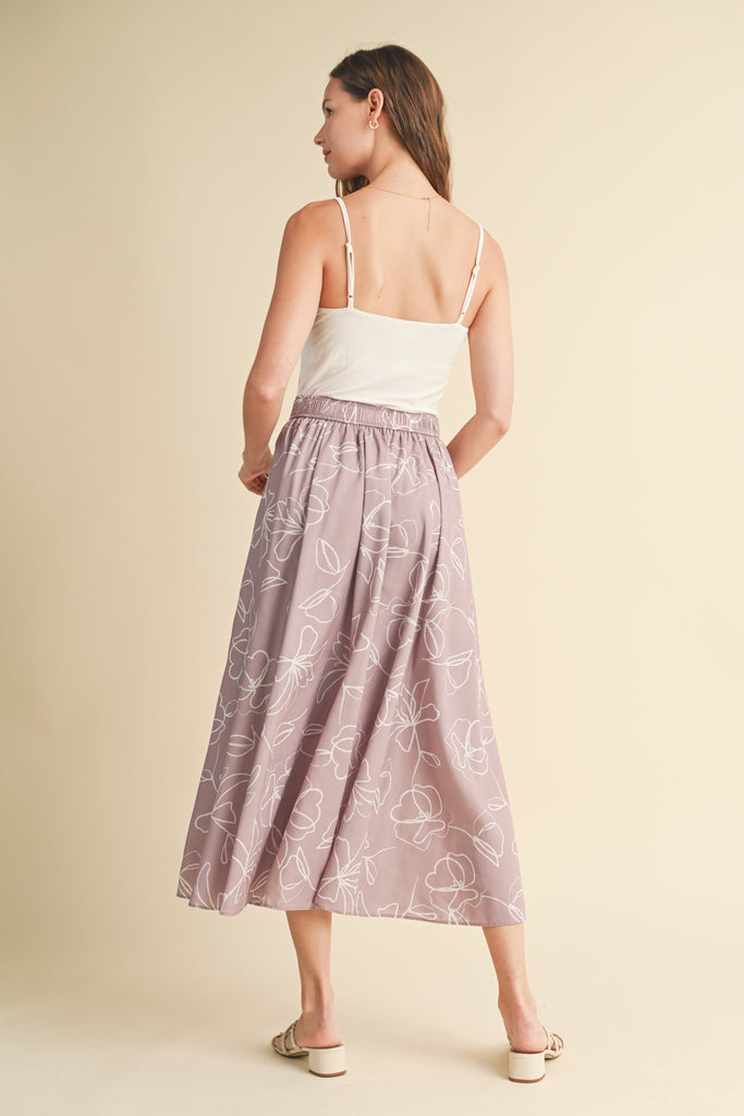 ABSTRACT FLORAL FLARED MIDI SKIRT MAUVE
