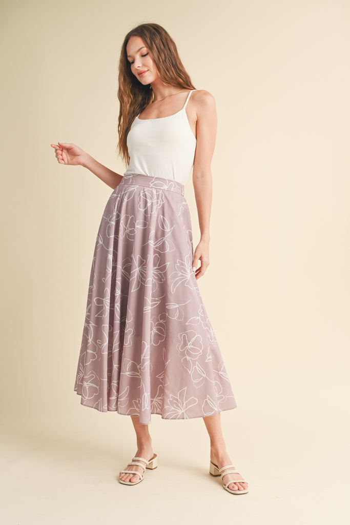 ABSTRACT FLORAL FLARED MIDI SKIRT MAUVE