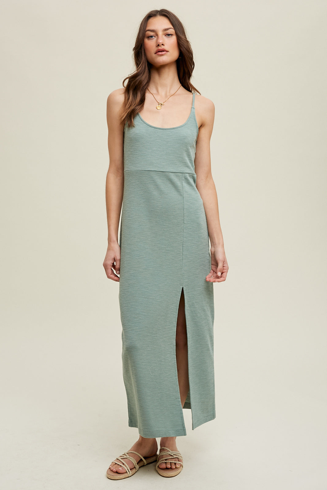 SELF TIE SLUB KNIT MIDI DRESS PISTACHIO