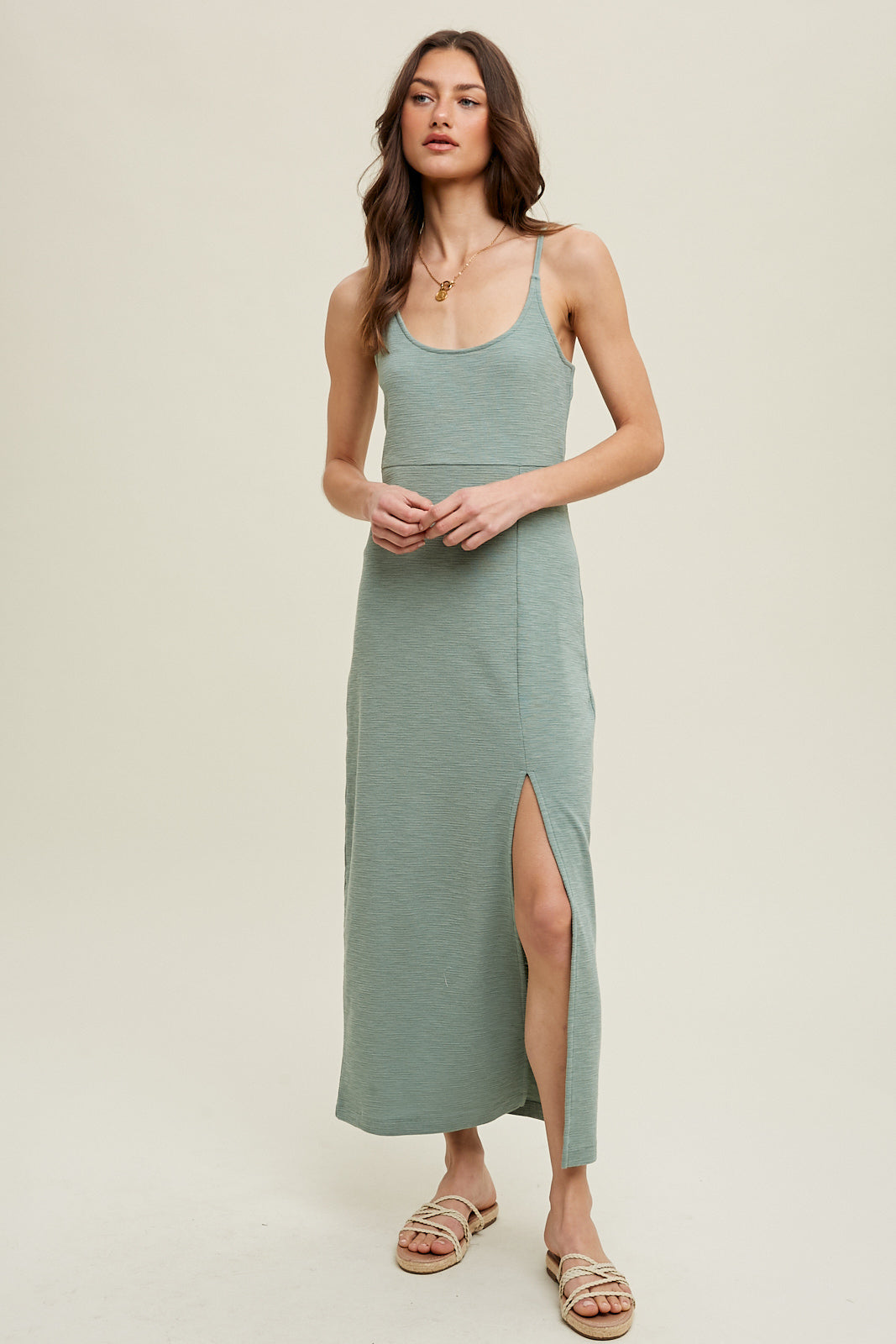 SELF TIE SLUB KNIT MIDI DRESS PISTACHIO