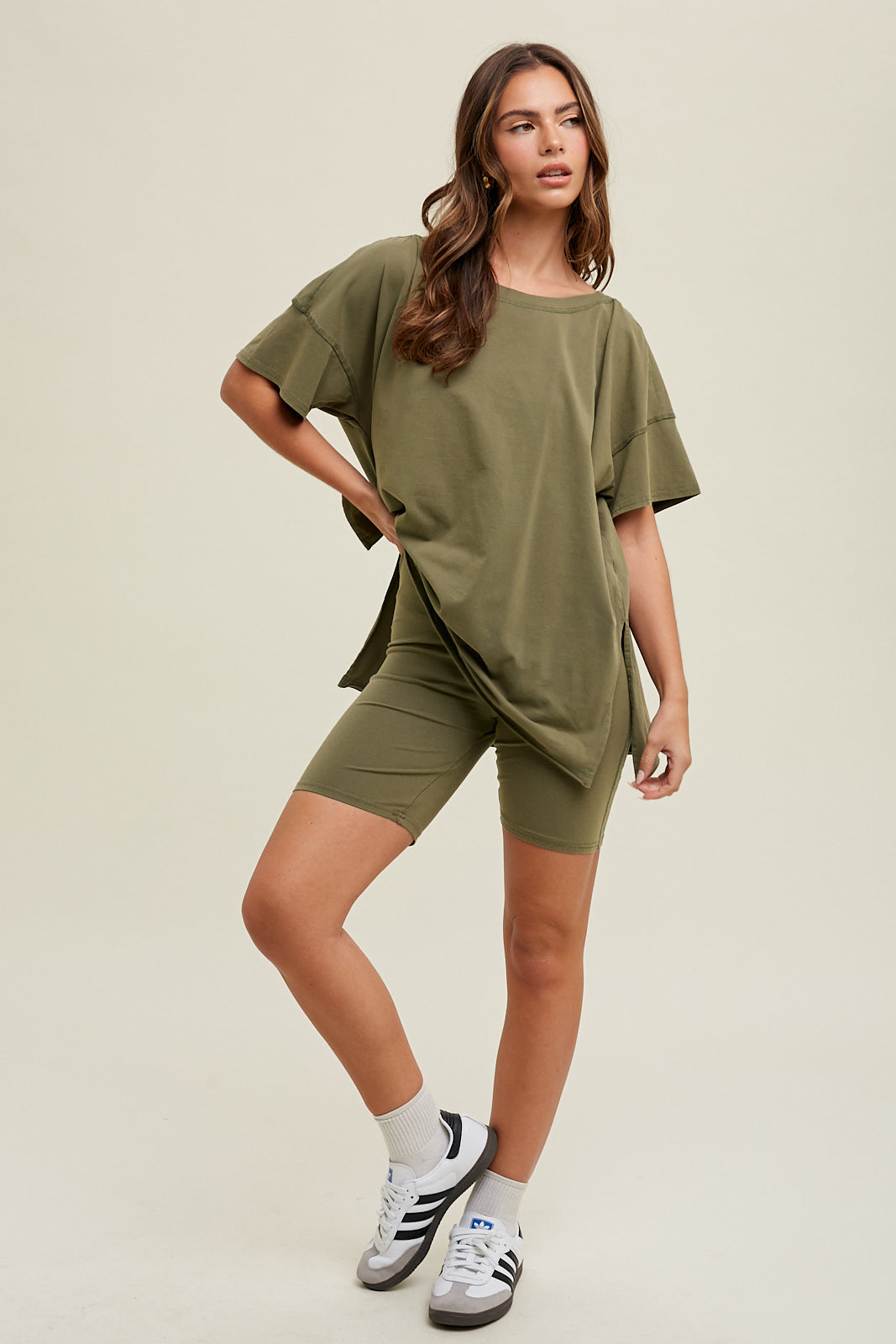 WASHED KNIT TWO PIECE SET OLIVE