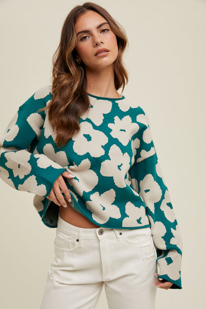 FLORAL RELAXED CROP SWEATER