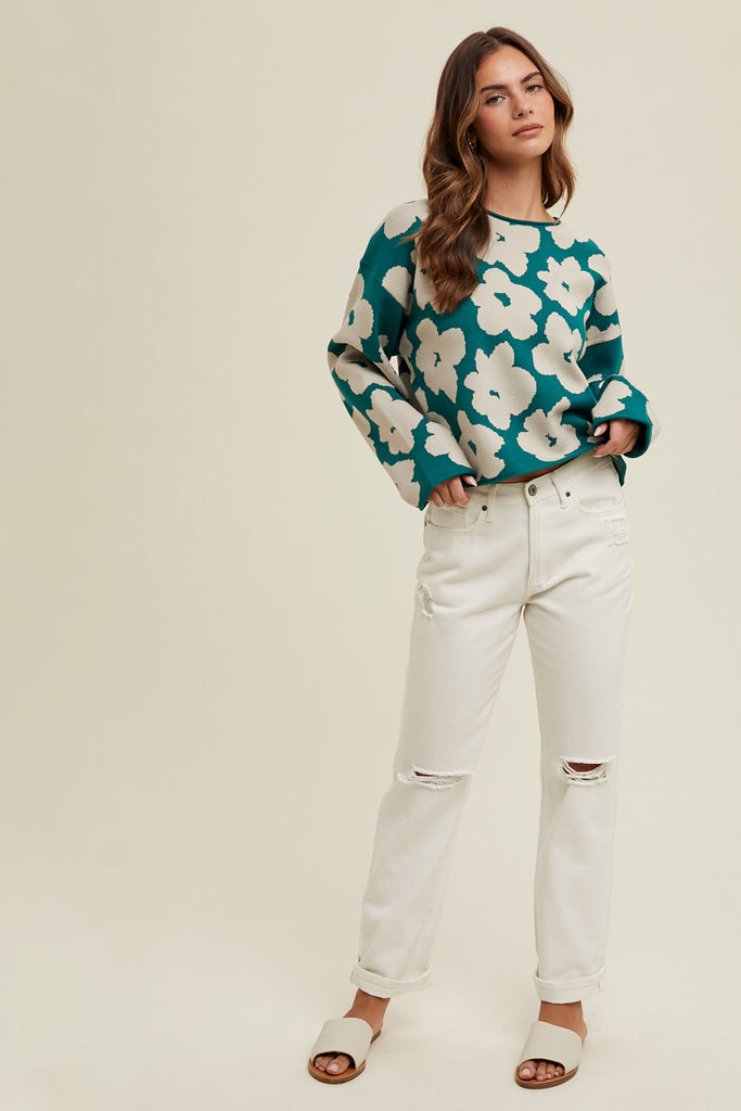 FLORAL RELAXED CROP SWEATER