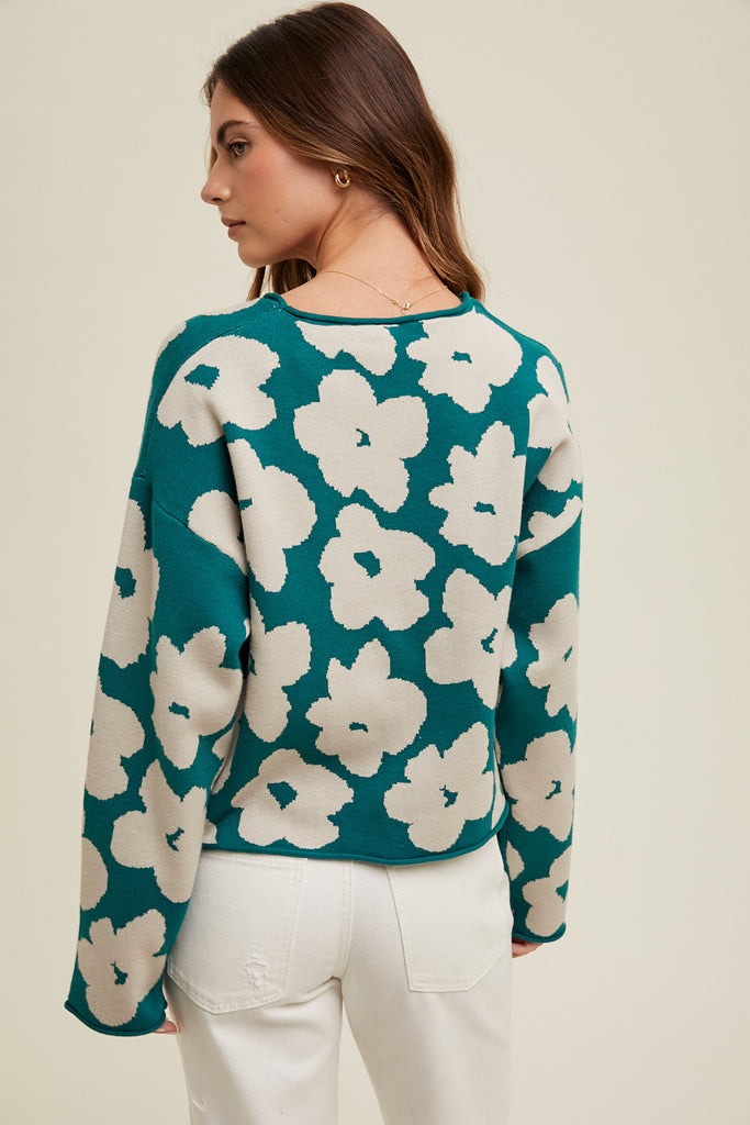 FLORAL RELAXED CROP SWEATER