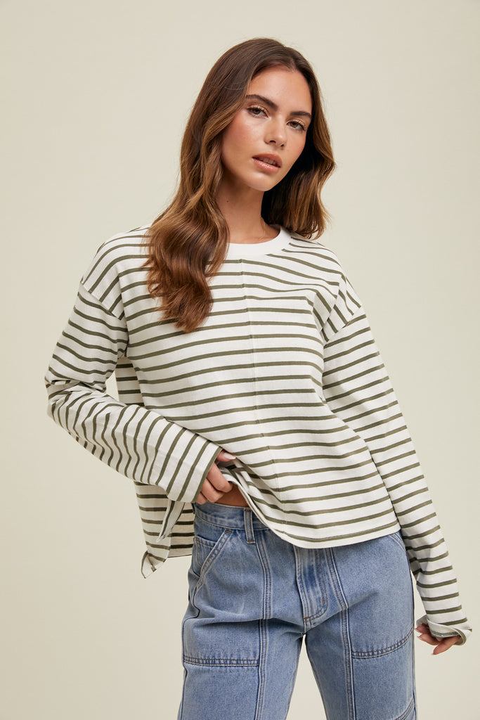 STRIPED BASIC KNIT TOP Olive