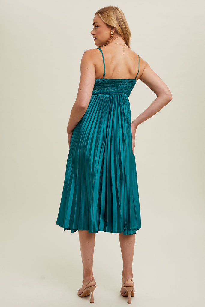 SATIN PLEATED MIDI DRESS Green