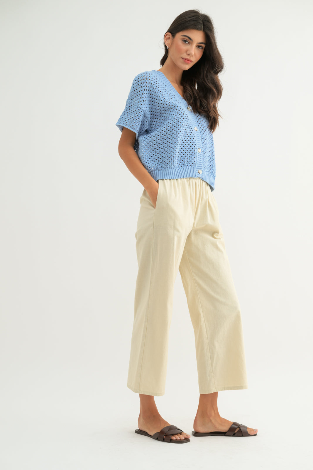 OPEN KNIT BUTTON-UP SWEATER TOP Sky