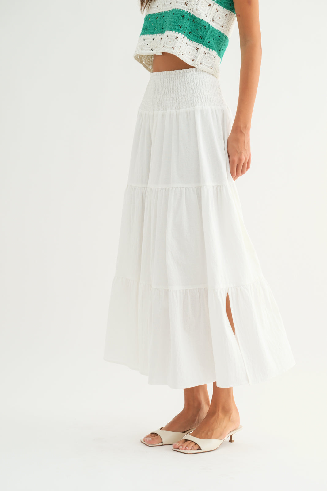 COTTON TIERED MIDI SKIRT WHITE