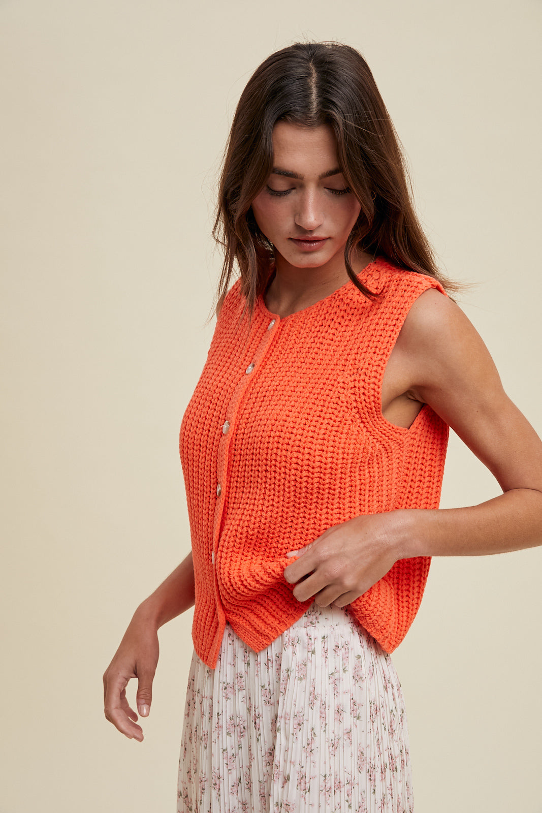 TEXTURED BUTTON-UP SWEATER TANK Papaya