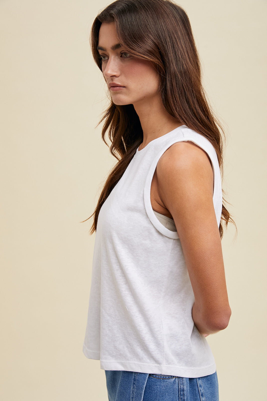 COTTON ROLLED-UP SLEEVE TANK TOP White