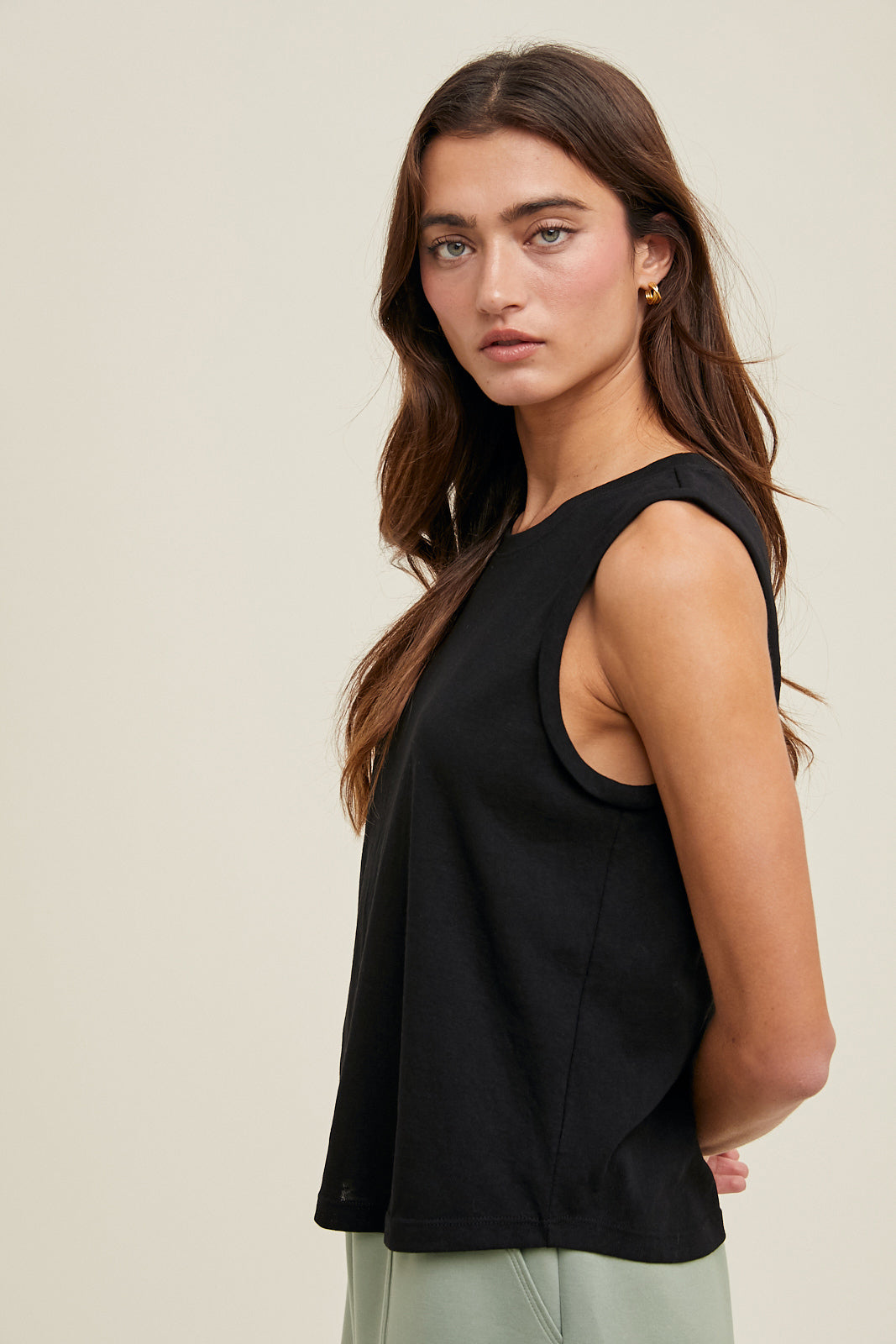 COTTON ROLLED-UP SLEEVE TANK TOP Black