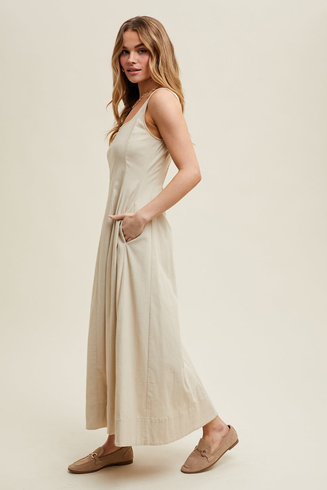 COTTON A-LINE MIDI DRESS ECRU