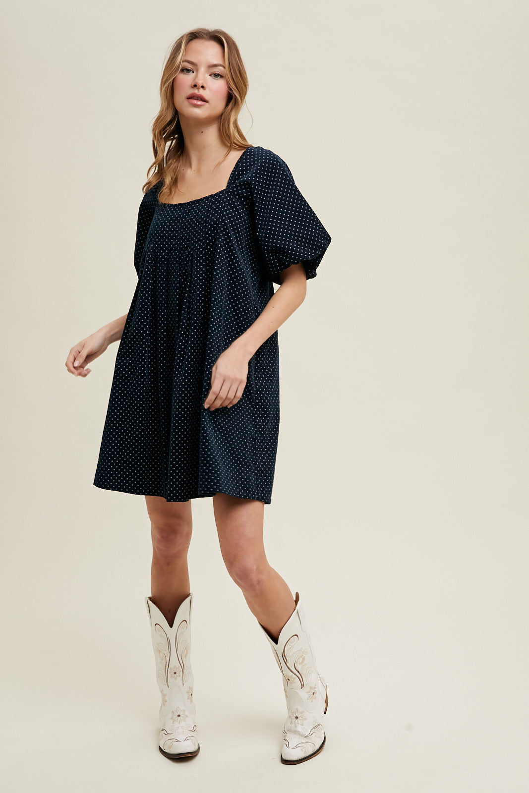 POLKA DOT PLEATED MINI DRESS NAVY