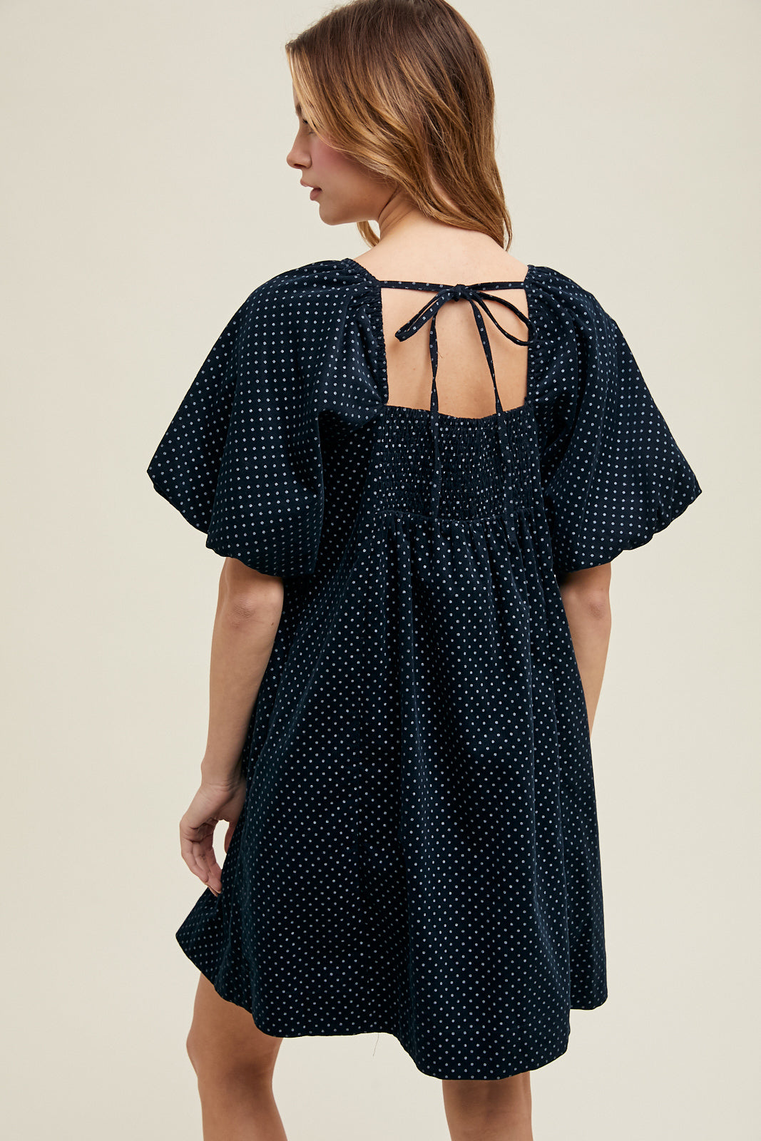 POLKA DOT PLEATED MINI DRESS NAVY