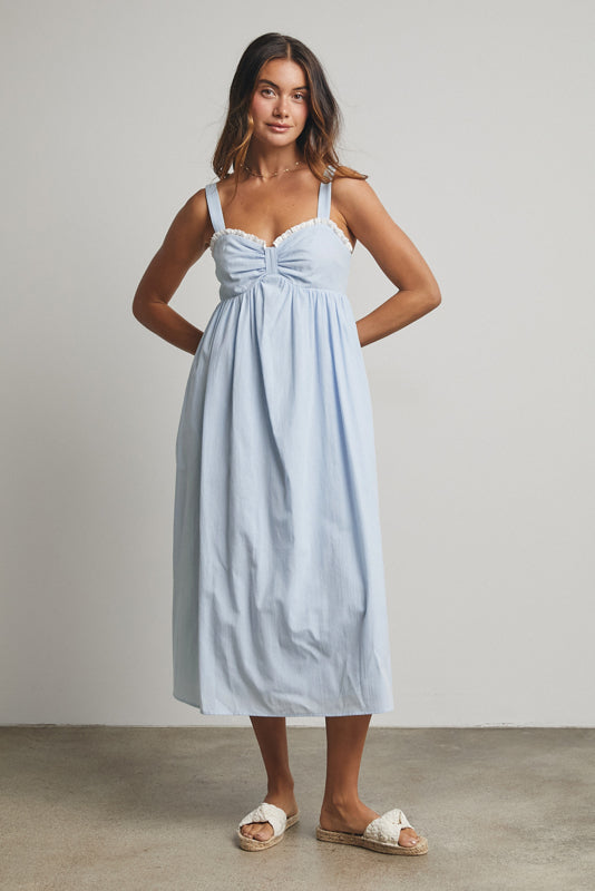 Striped Ruffled Midi Sweetheart Dress Blue/White