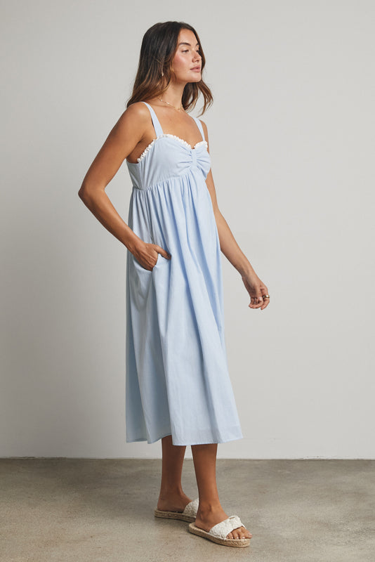 Striped Ruffled Midi Sweetheart Dress Blue/White