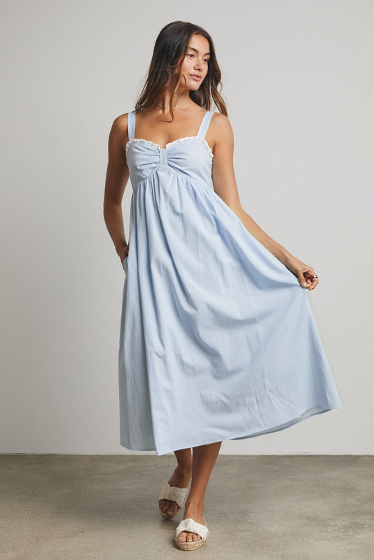 Striped Ruffled Midi Sweetheart Dress Blue/White