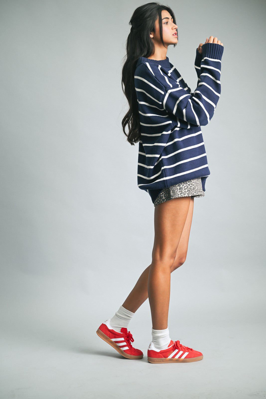 OVERSIZED STRIPED KNIT SWEATER NAVY