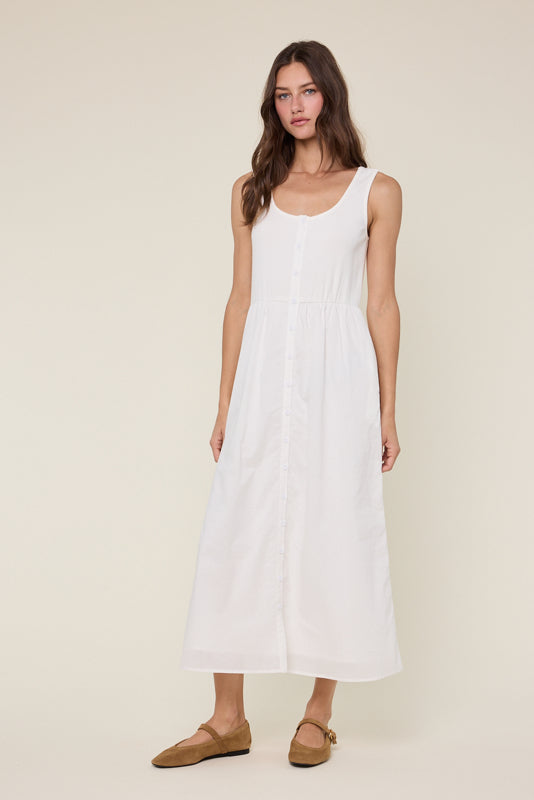 Twofer Knit Tank Button-Up Midi Dress Off White