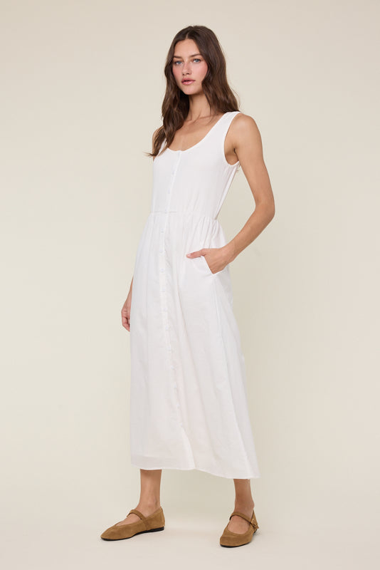 Twofer Knit Tank Button-Up Midi Dress Off White