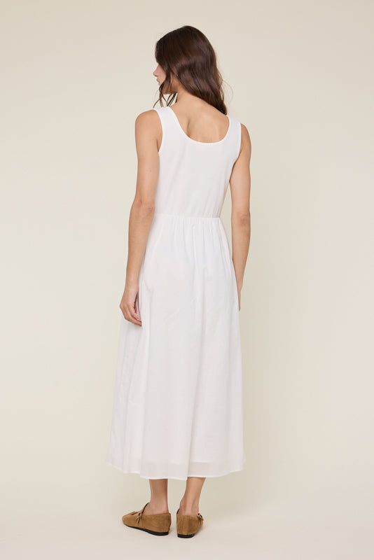 Twofer Knit Tank Button-Up Midi Dress Off White