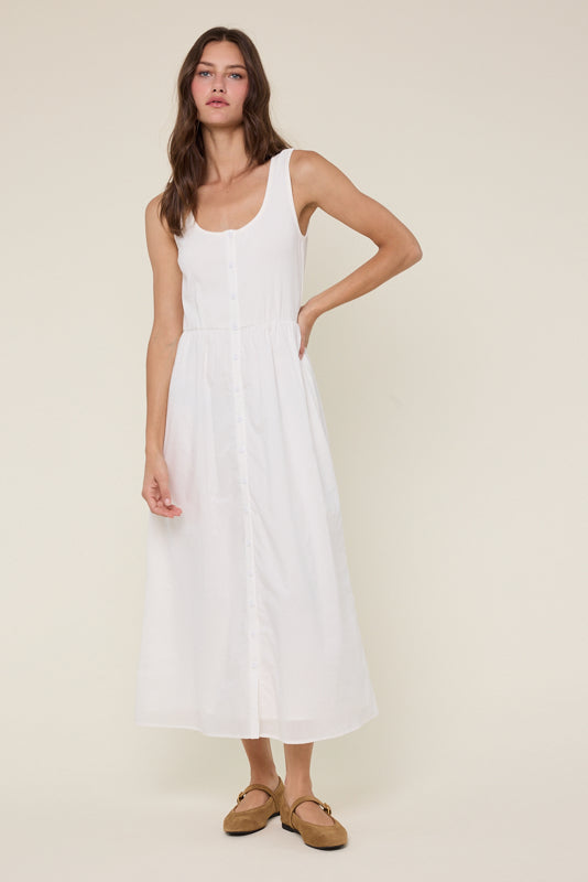 Twofer Knit Tank Button-Up Midi Dress Off White