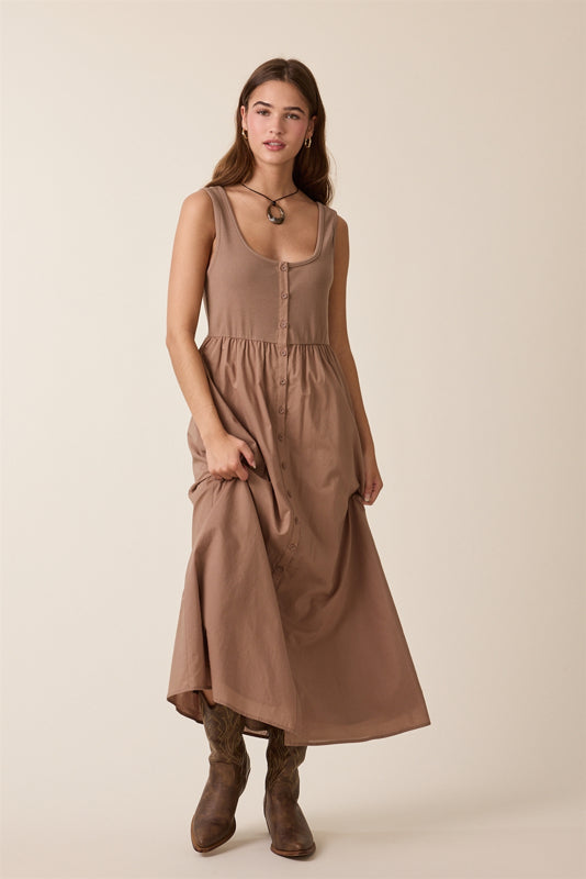 Twofer Knit Tank Button-Up Midi Dress Espresso