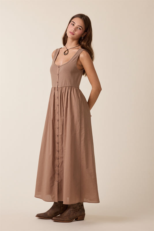 Twofer Knit Tank Button-Up Midi Dress Espresso