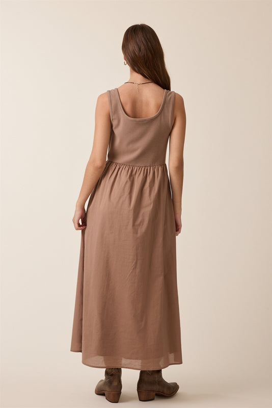 Twofer Knit Tank Button-Up Midi Dress Espresso