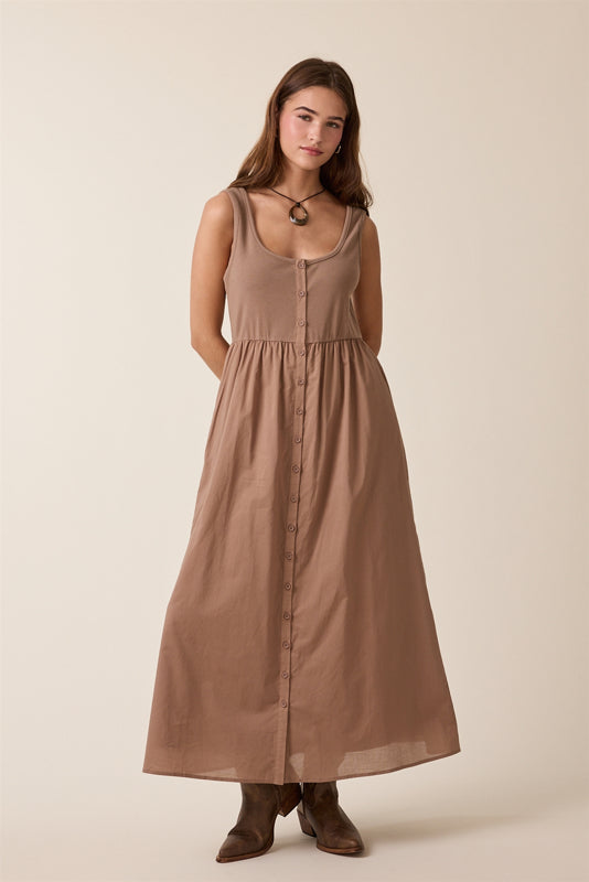 Twofer Knit Tank Button-Up Midi Dress Espresso