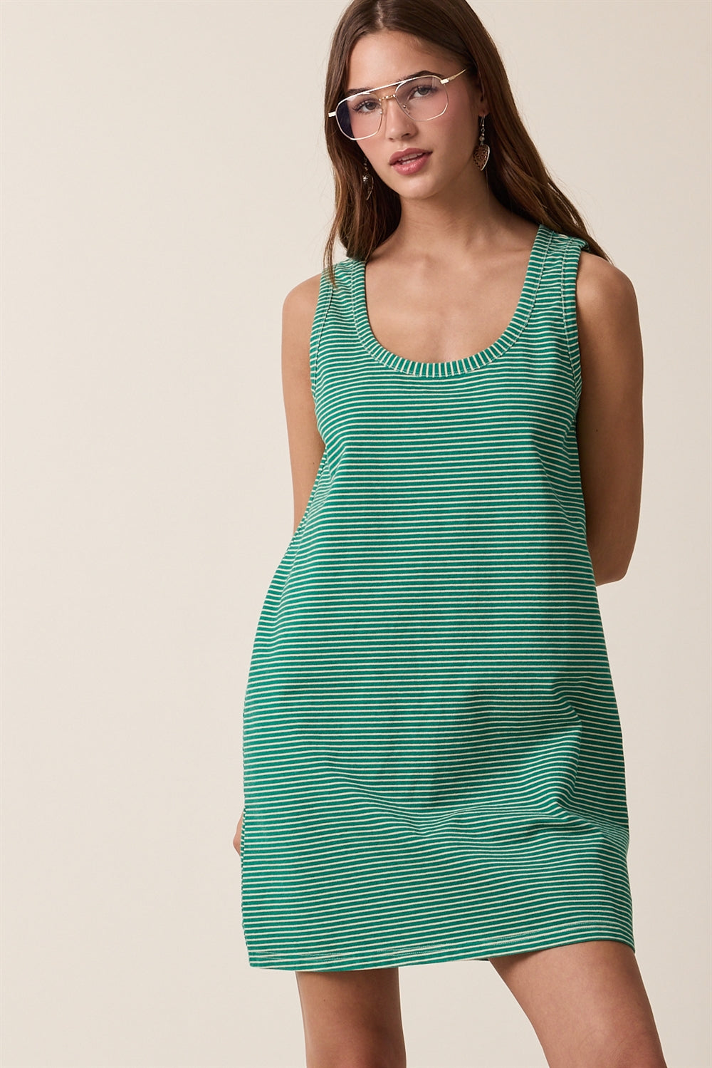 STRIPED KNIT TANK MINI DRESS GREEN