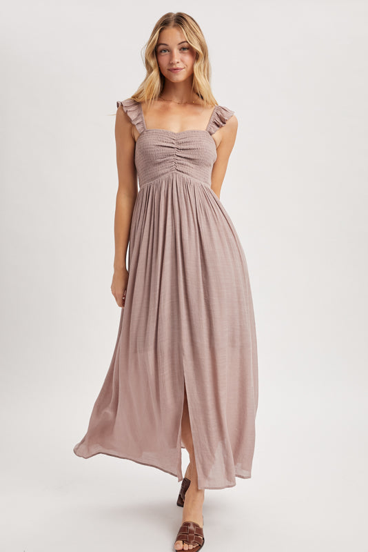 Ruffle Sleeve Front Slit Maxi Dress